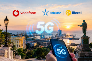 Одеса, 5G, смартфон, панорама міста, логотипи операторів, пам'ятник Дюку
