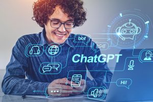 чоловік, смартфон, ChatGPT, ноутбук, іконки, штучний інтелект