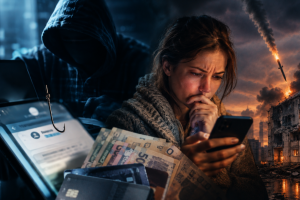 жінка, смартфон, шахрай, ракета, гроші, тривога