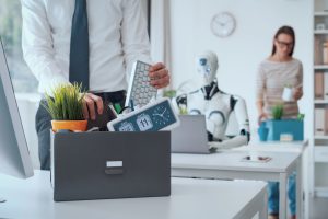 робот, офіс, коробка, звільнення, робоче місце